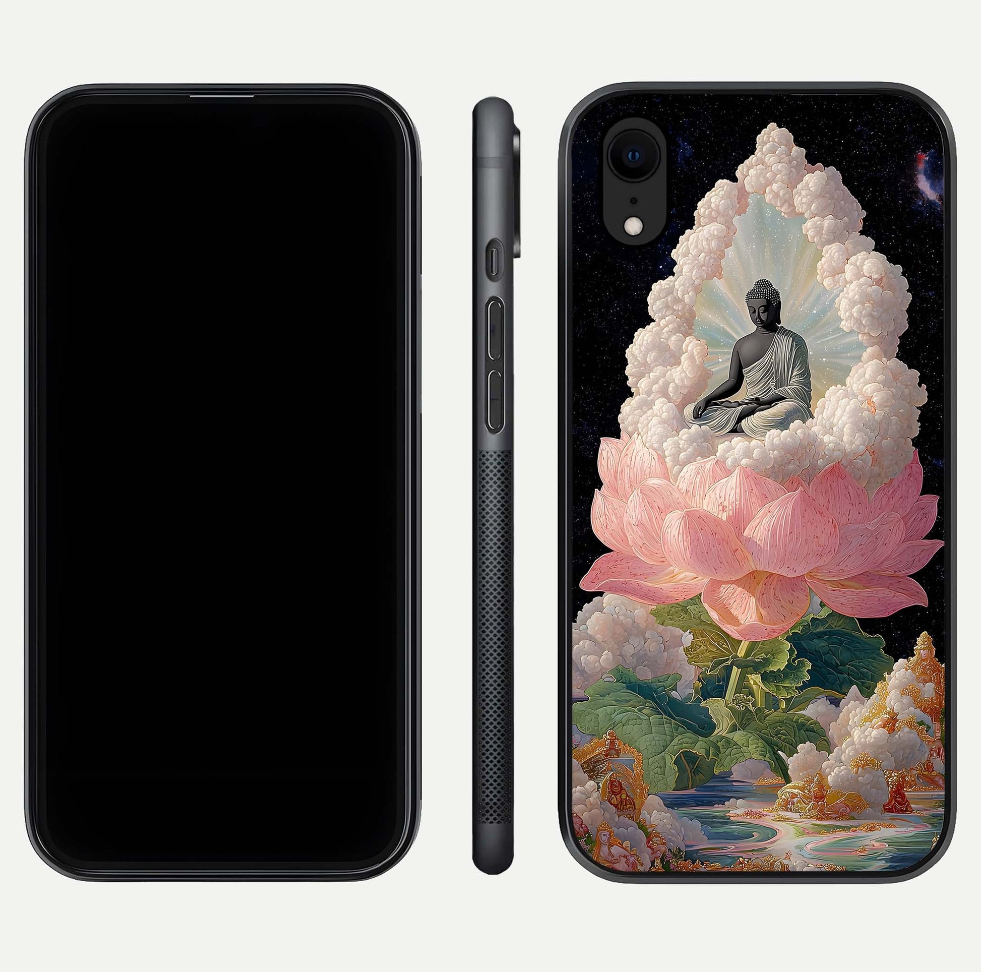 Lotus Divine Peace Glass Case for iPhone Xr front & back layout highlighting soft pink hues and curved edges