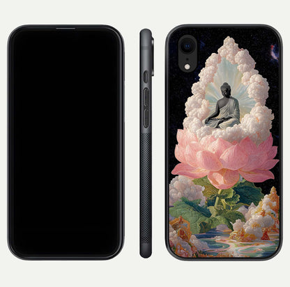 Lotus Divine Peace Glass Case for iPhone Xr front & back layout highlighting soft pink hues and curved edges