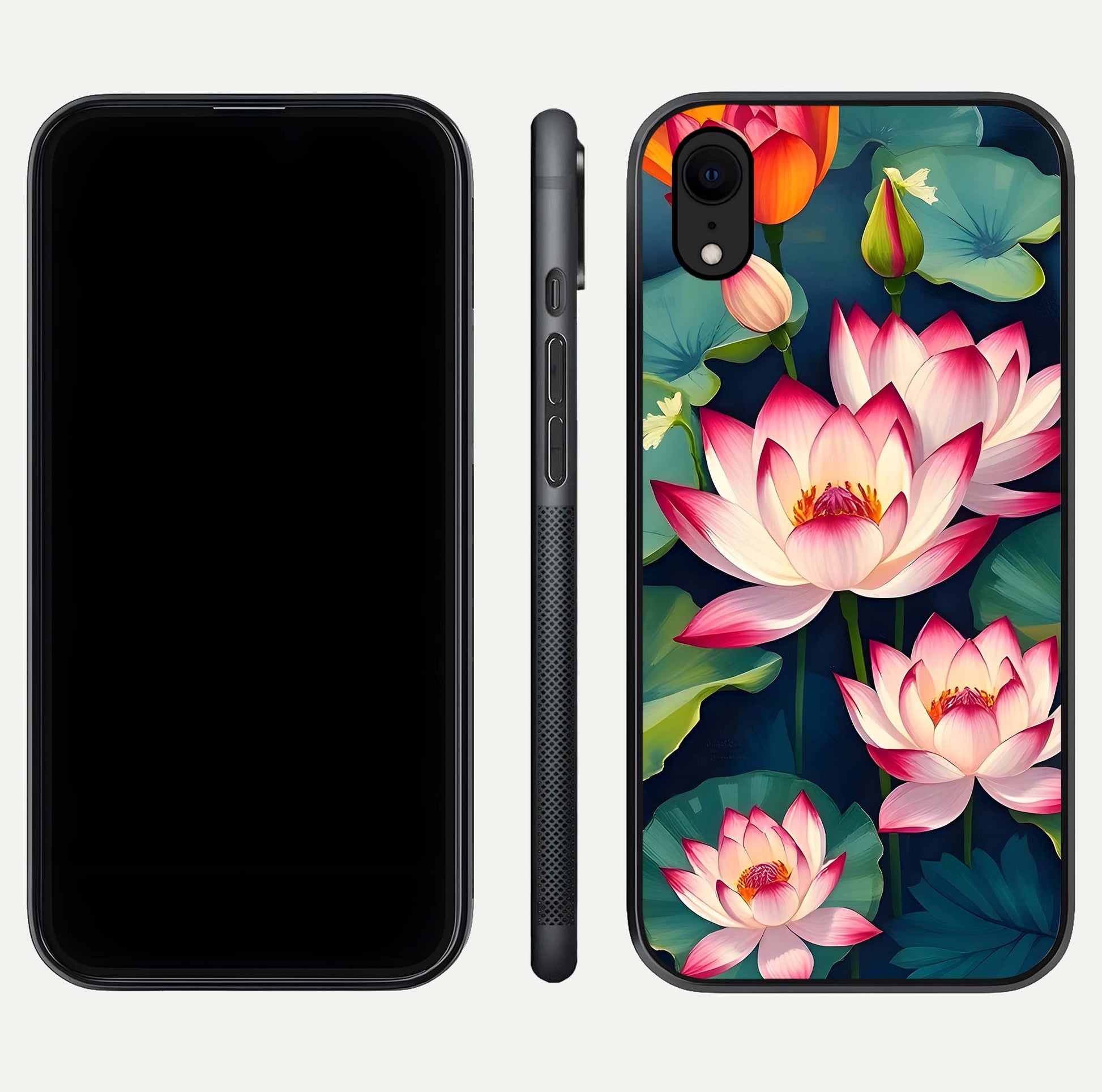 Lotus Dream Serenity Glass Case for iPhone Xr front & back layout with elegant finish and edge curve