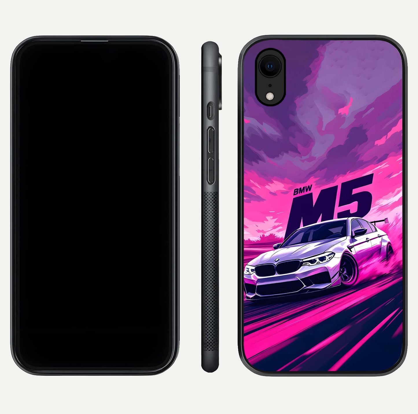 MS Neon Car Glass Case for iPhone Xr front & back layout highlighting automotive art and curved design