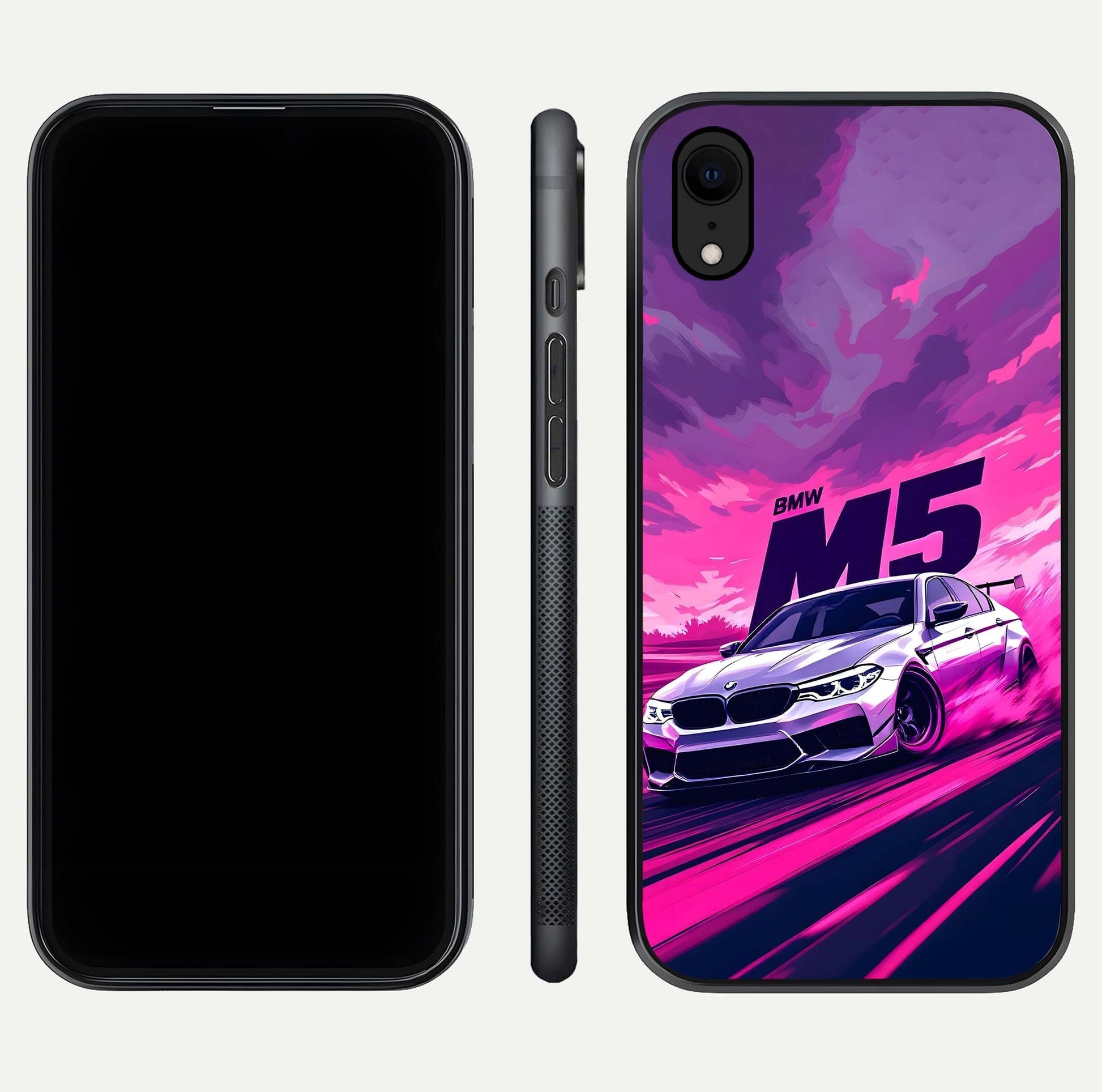 MS Neon Car Glass Case for iPhone Xr front & back layout highlighting automotive art and curved design