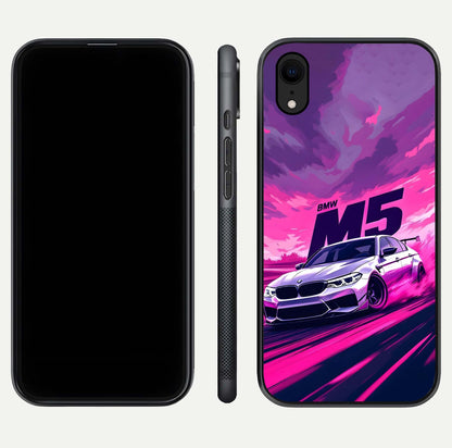 MS Neon Car Glass Case for iPhone Xr front & back layout highlighting automotive art and curved design