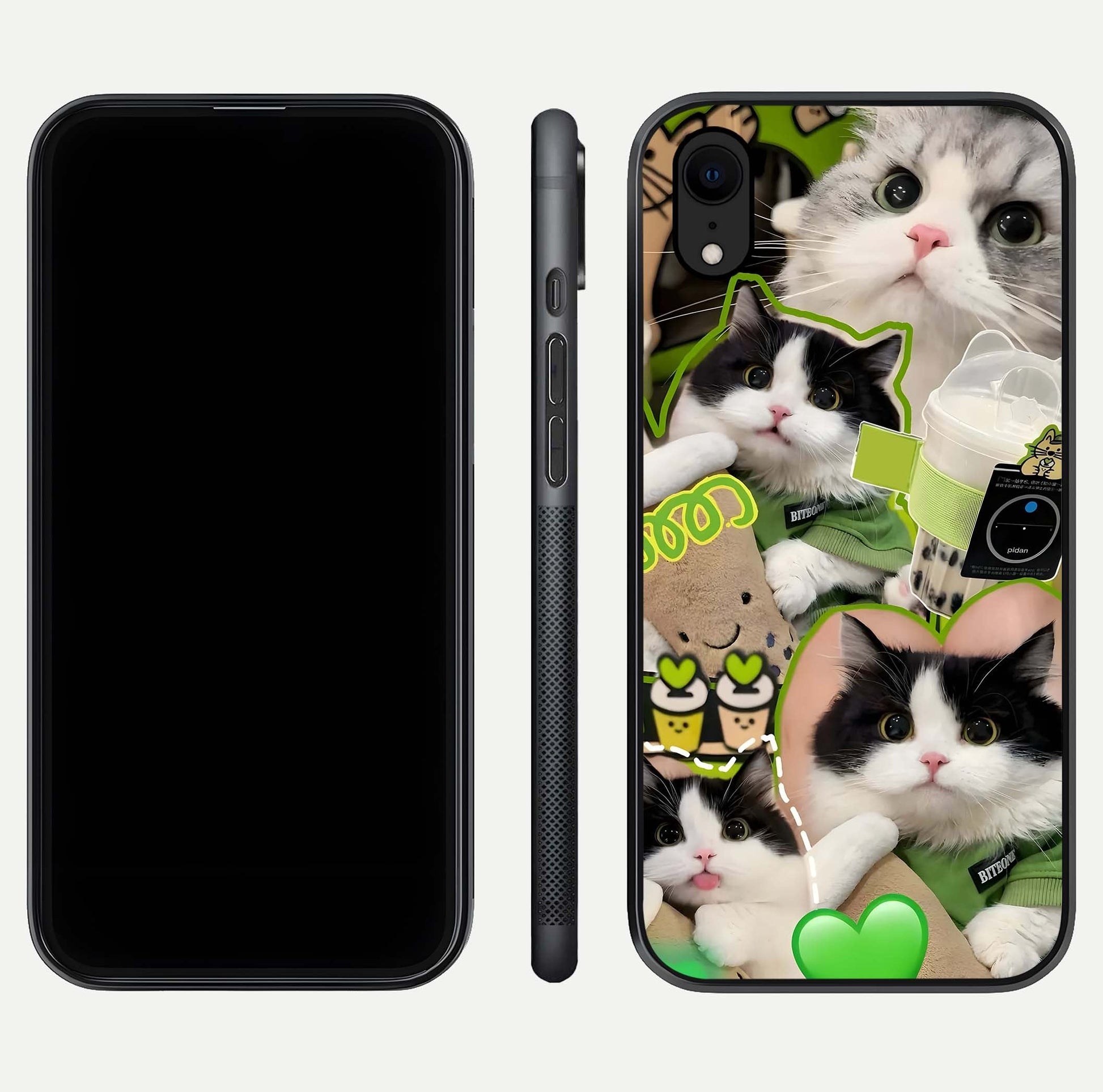 Matcha Cats Mood Glass Case for iPhone Xr front & back layout highlighting cute theme and smooth edges