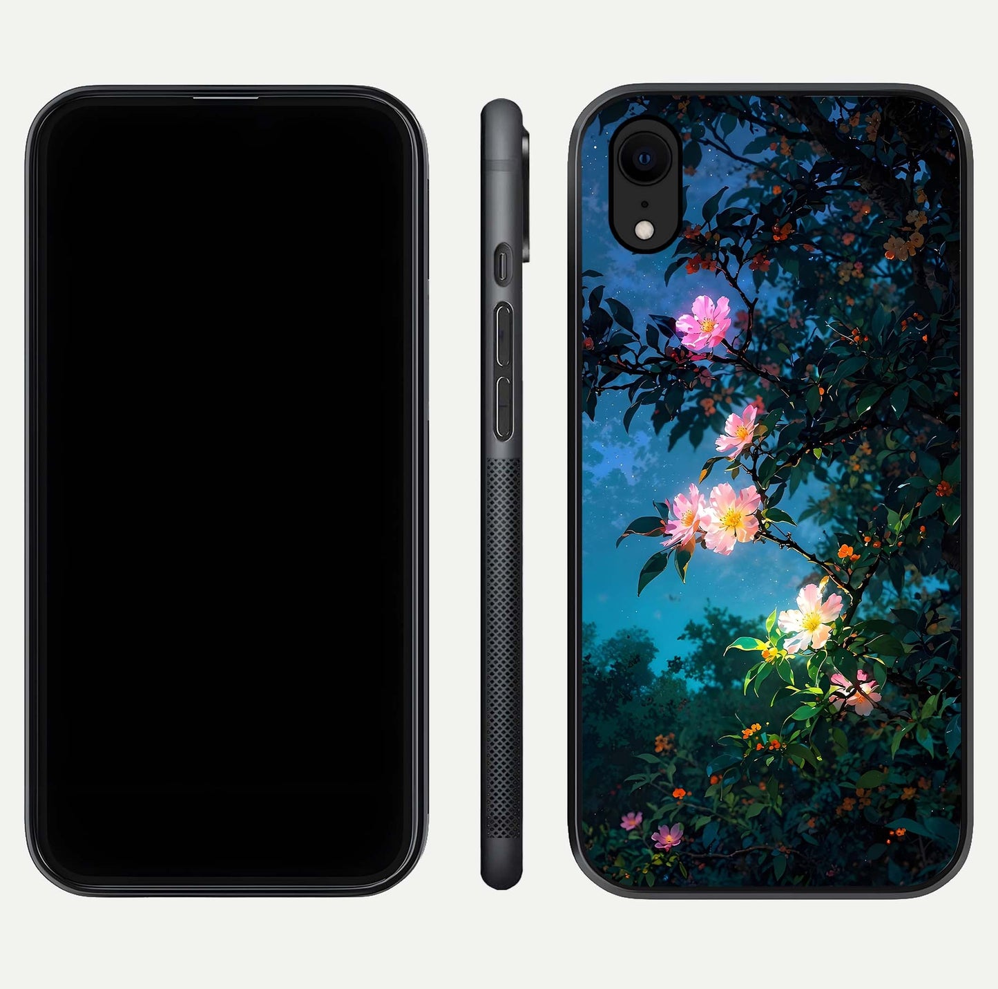 Midnight Bloom Glow Glass Case for iPhone Xr front & back layout highlighting moody tones and smooth finish