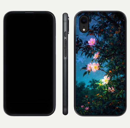 Midnight Bloom Glow Glass Case for iPhone Xr front & back layout highlighting moody tones and smooth finish