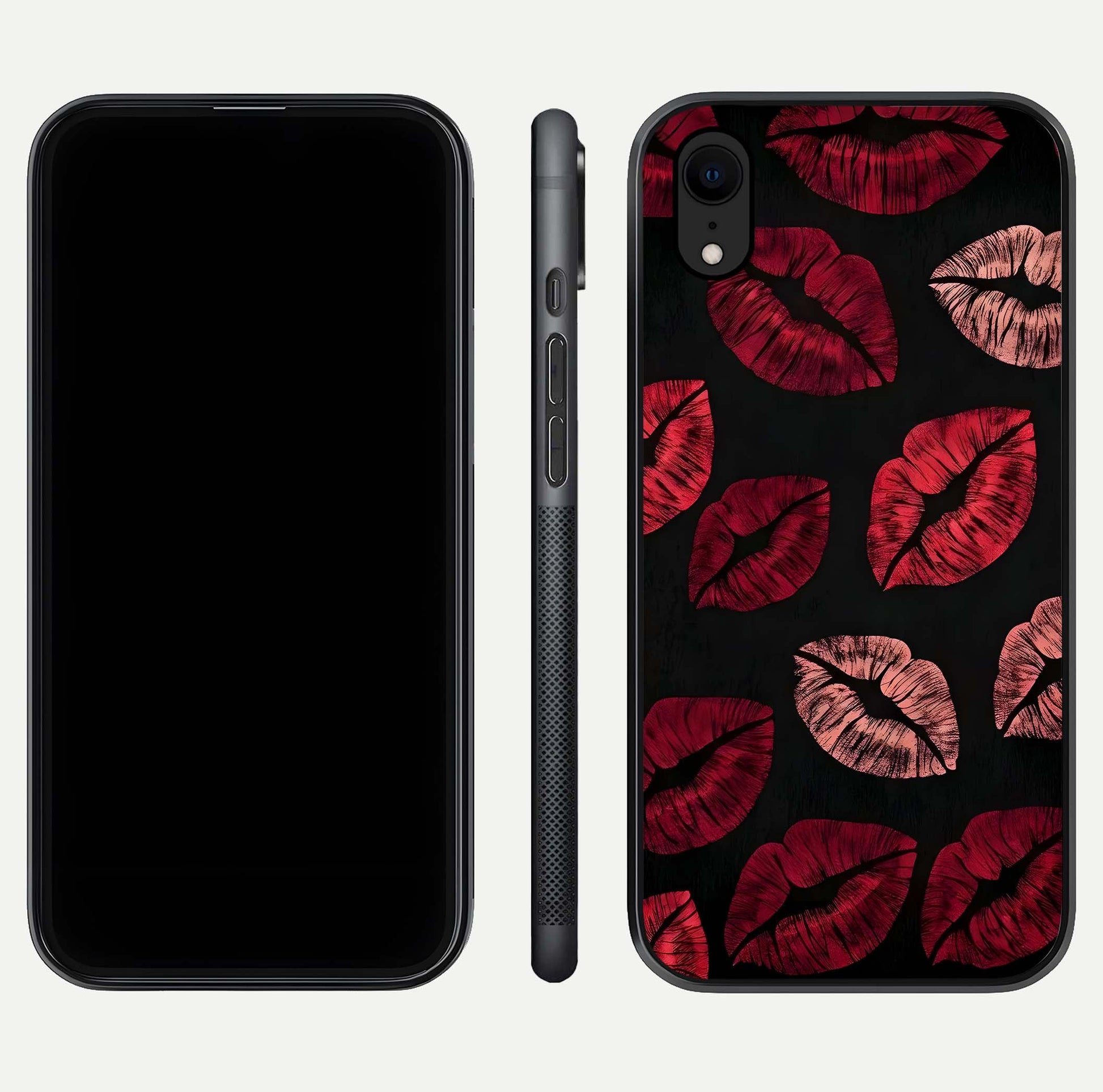 Midnight Kiss Love Glass Case for iPhone Xr front & back view layout showing romantic theme and smooth curves
