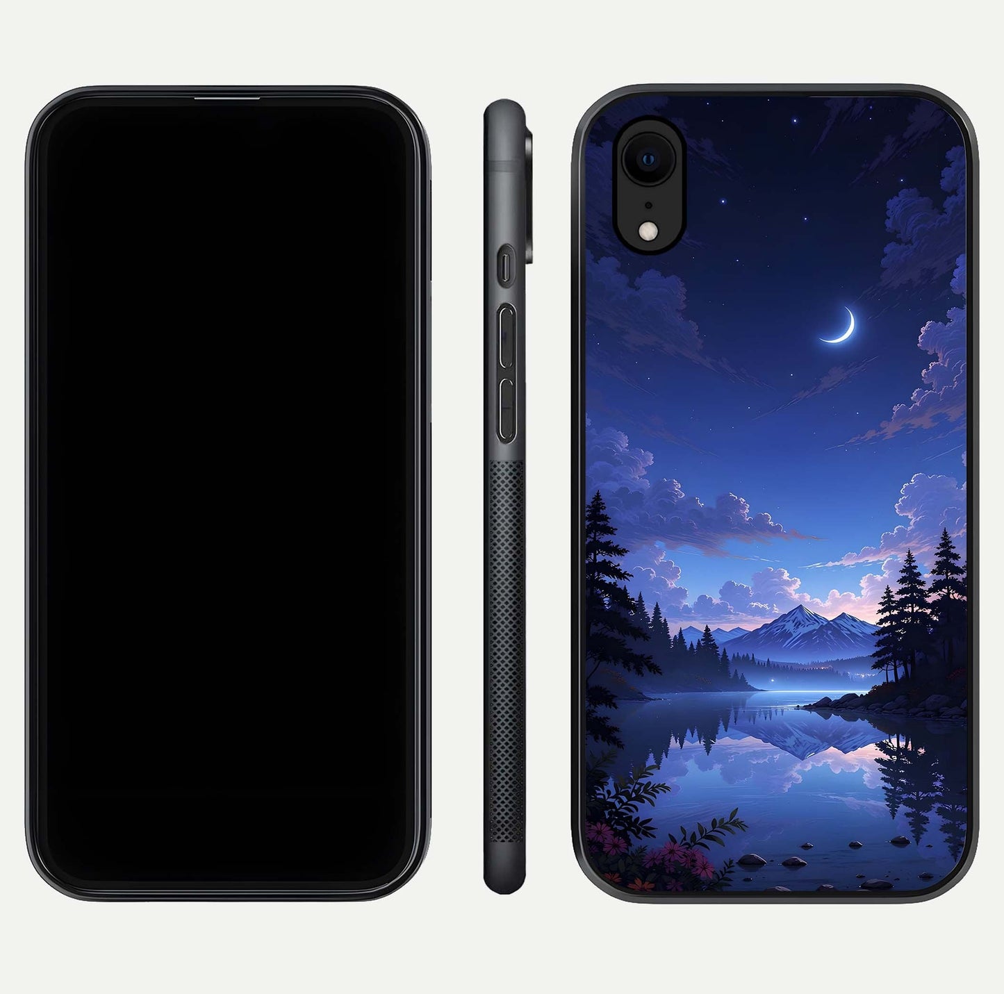 Midnight Lake Peace Glass Case for iPhone Xr front & back layout highlighting calm design and curved edges