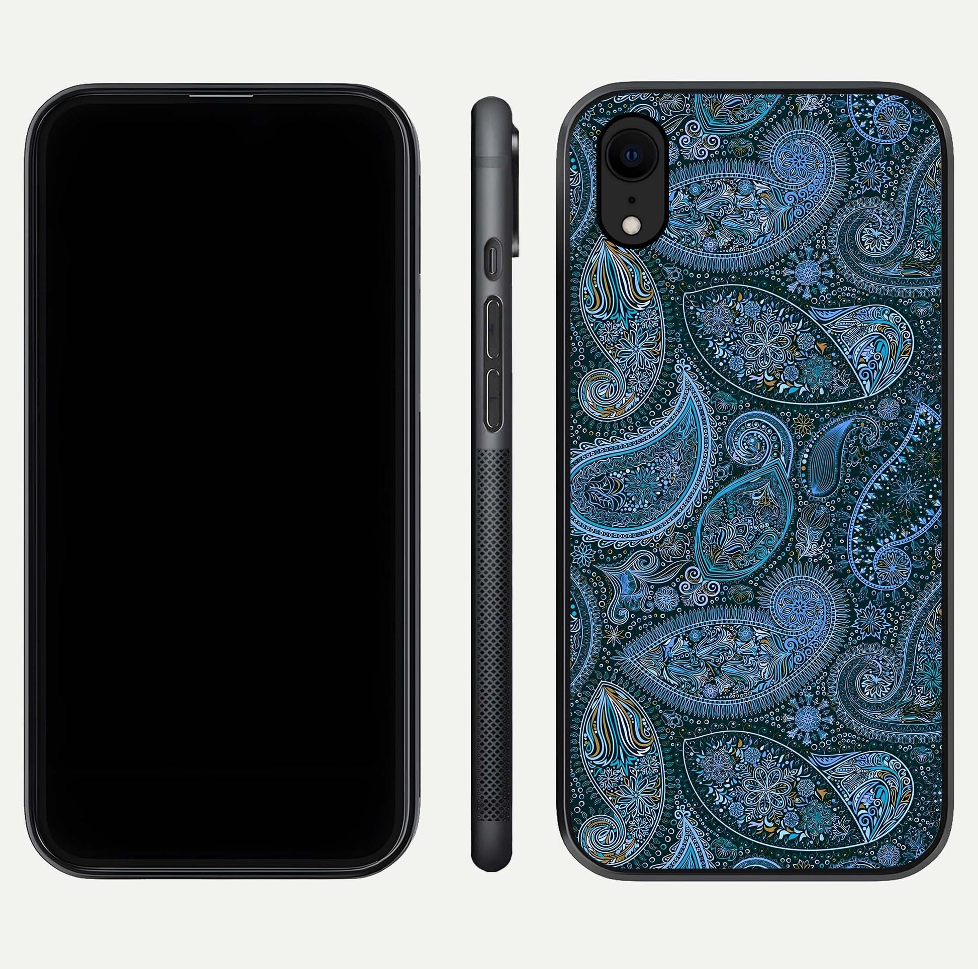 Midnight Paisley Glow Glass Case for iPhone Xr front & back layout highlighting elegant edge finish