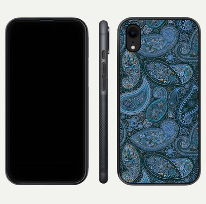 Midnight Paisley Glow Glass Case for iPhone Xr front & back layout highlighting elegant edge finish