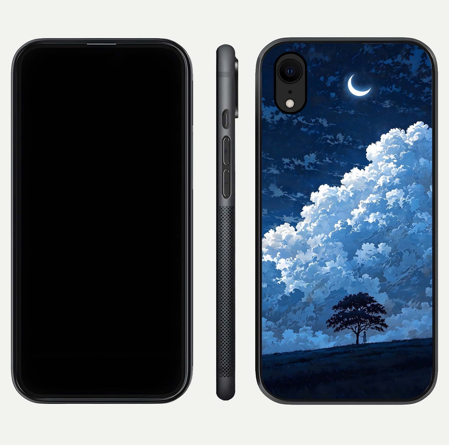 Midnight Sky Serenity Glass Case for iPhone Xr front & back layout highlighting celestial art and curves