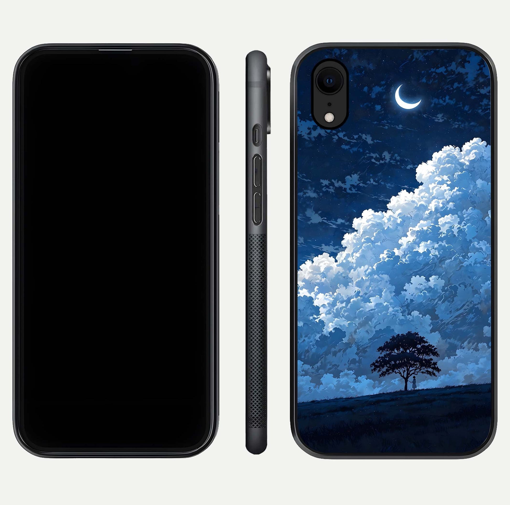 Midnight Sky Serenity Glass Case for iPhone Xr front & back layout highlighting celestial art and curves