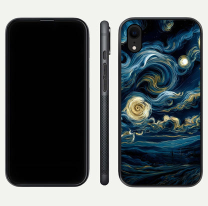 Midnight Sky Whirl Glass Case for iPhone Xr front & back layout highlighting celestial movement art