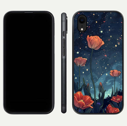 Midnight Tulip Glow Glass Case for iPhone Xr front & back layout highlighting floral glow and curved edges
