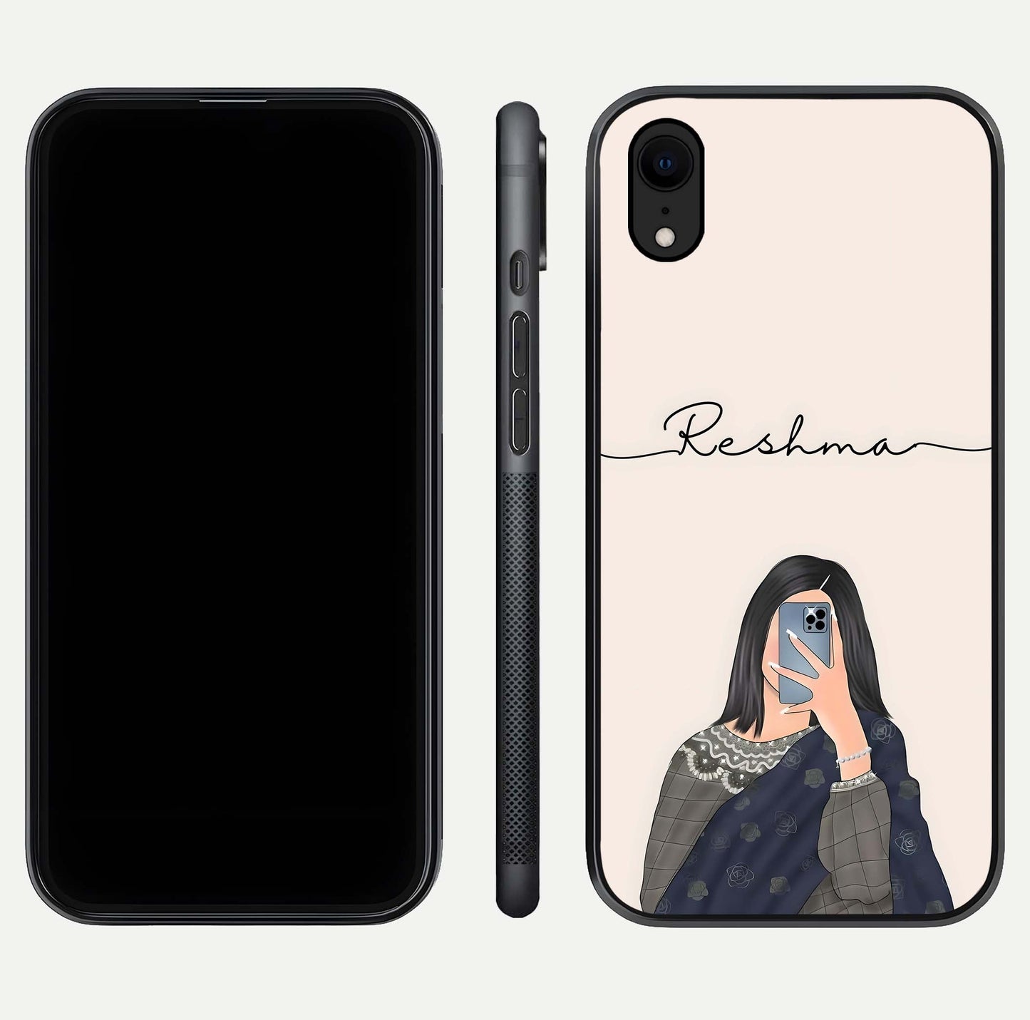 Mirror Mood Muse Custom Name Glass Case for iPhone Xr front & back layout showing personalized name placement