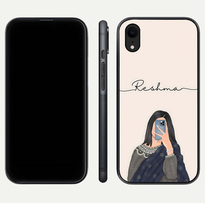 Mirror Mood Muse Custom Name Glass Case for iPhone Xr front & back layout showing personalized name placement