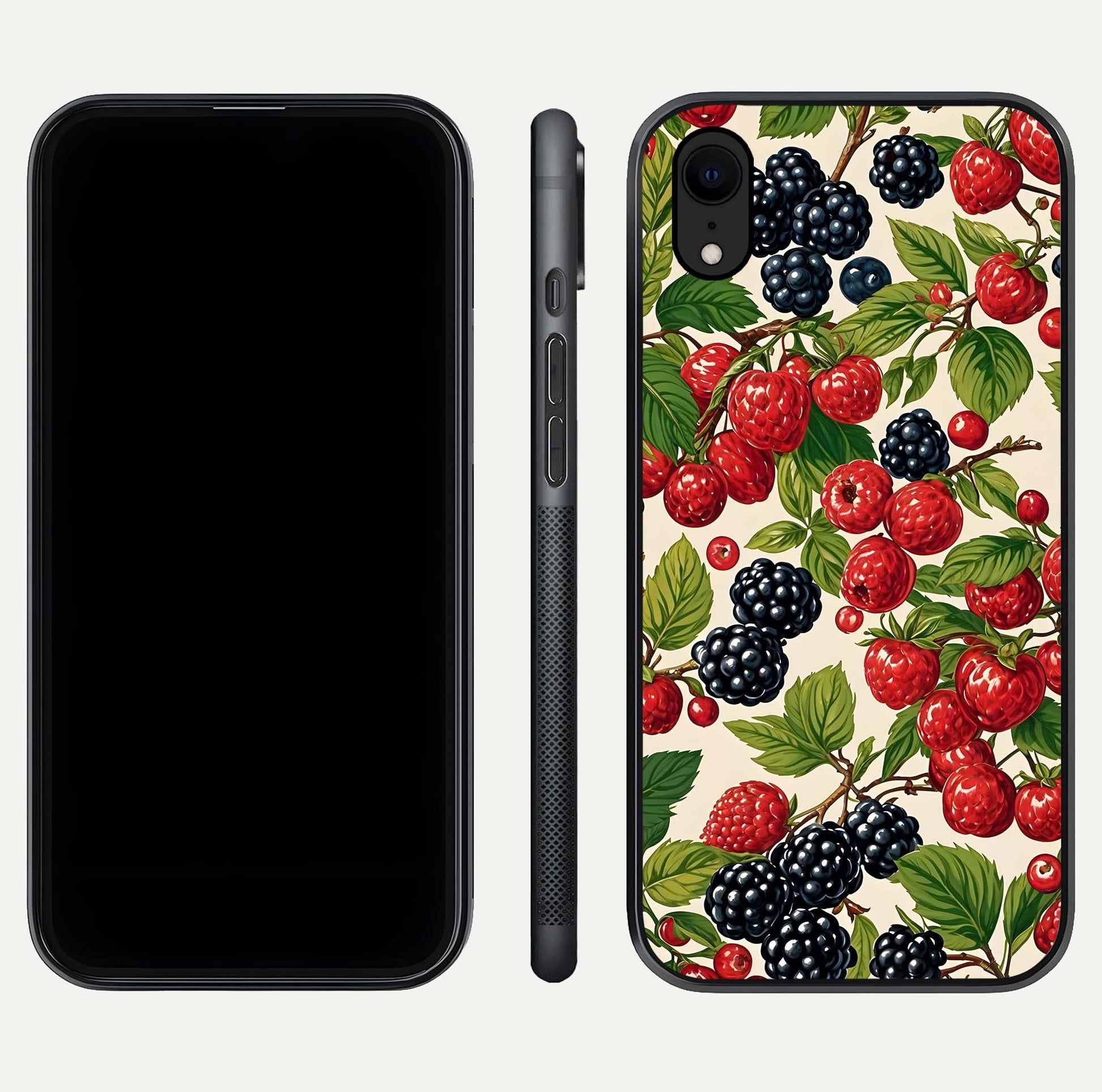 Mixed Berry Collage Glass Case for iPhone Xr front & back layout highlighting colorful art and curved edges