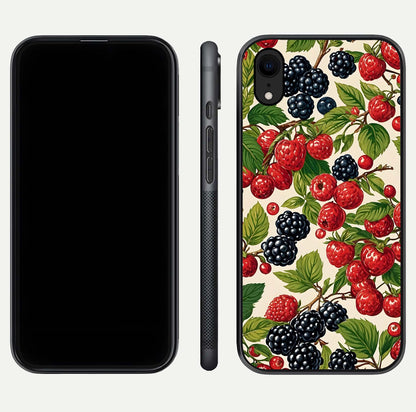 Mixed Berry Collage Glass Case for iPhone Xr front & back layout highlighting colorful art and curved edges