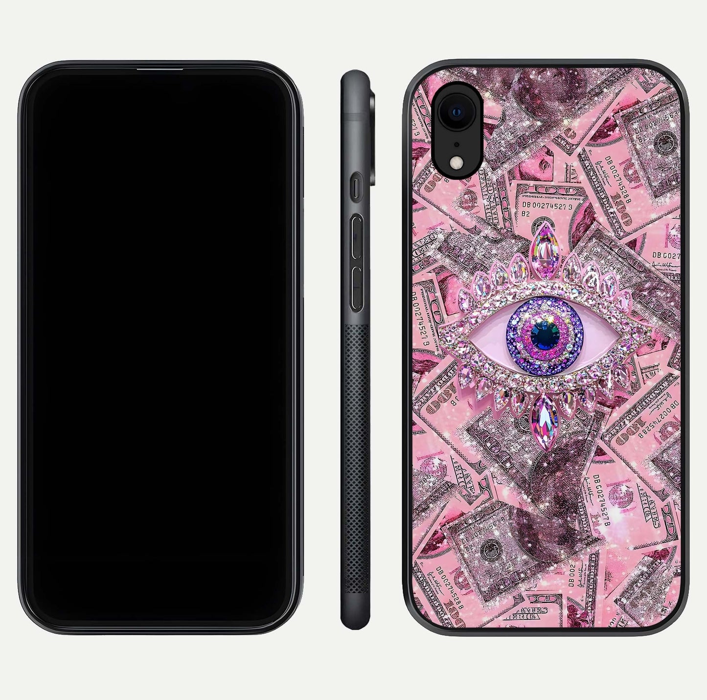 Money Eye Luxe Glass Case for iPhone Xr front & back layout highlighting luxury edge design and bold art