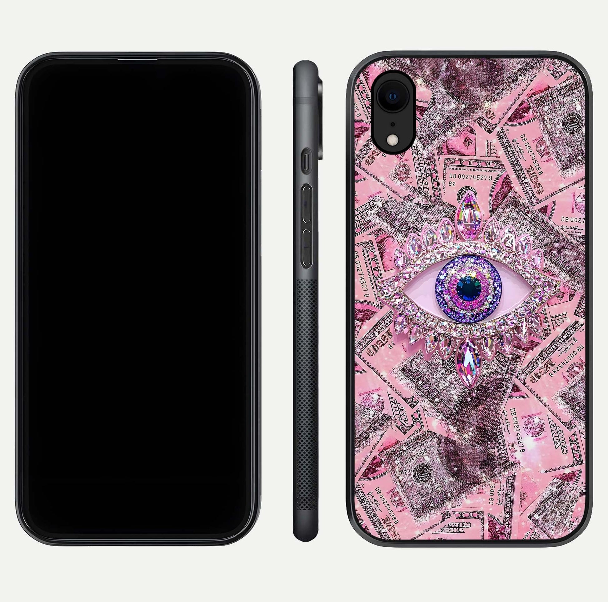 Money Eye Luxe Glass Case for iPhone Xr front & back layout highlighting luxury edge design and bold art