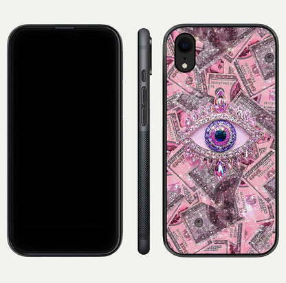 Money Eye Luxe Glass Case for iPhone Xr front & back layout highlighting luxury edge design and bold art