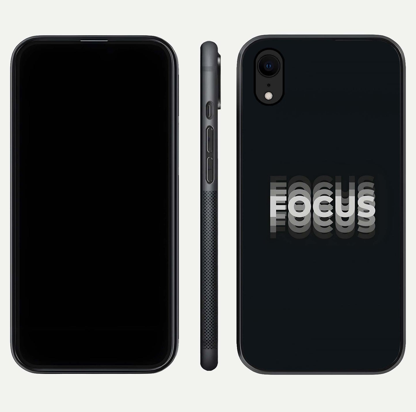 Mono Focus Vision Glass Case for iPhone Xr front & back layout showing clean focus lines and curved edges