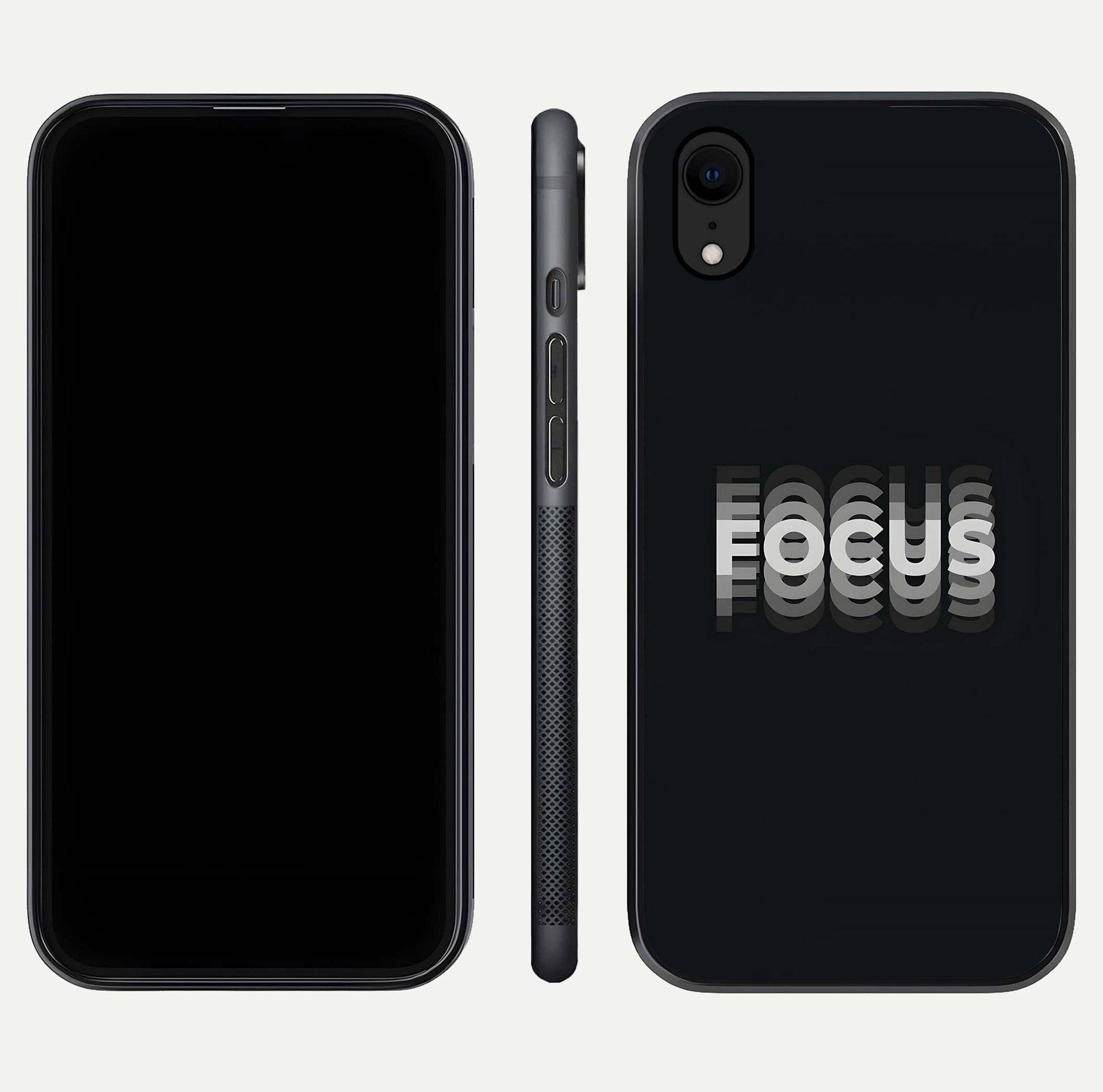 Mono Focus Vision Glass Case for iPhone Xr front & back layout showing clean focus lines and curved edges