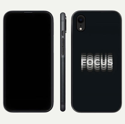 Mono Focus Vision Glass Case for iPhone Xr front & back layout showing clean focus lines and curved edges