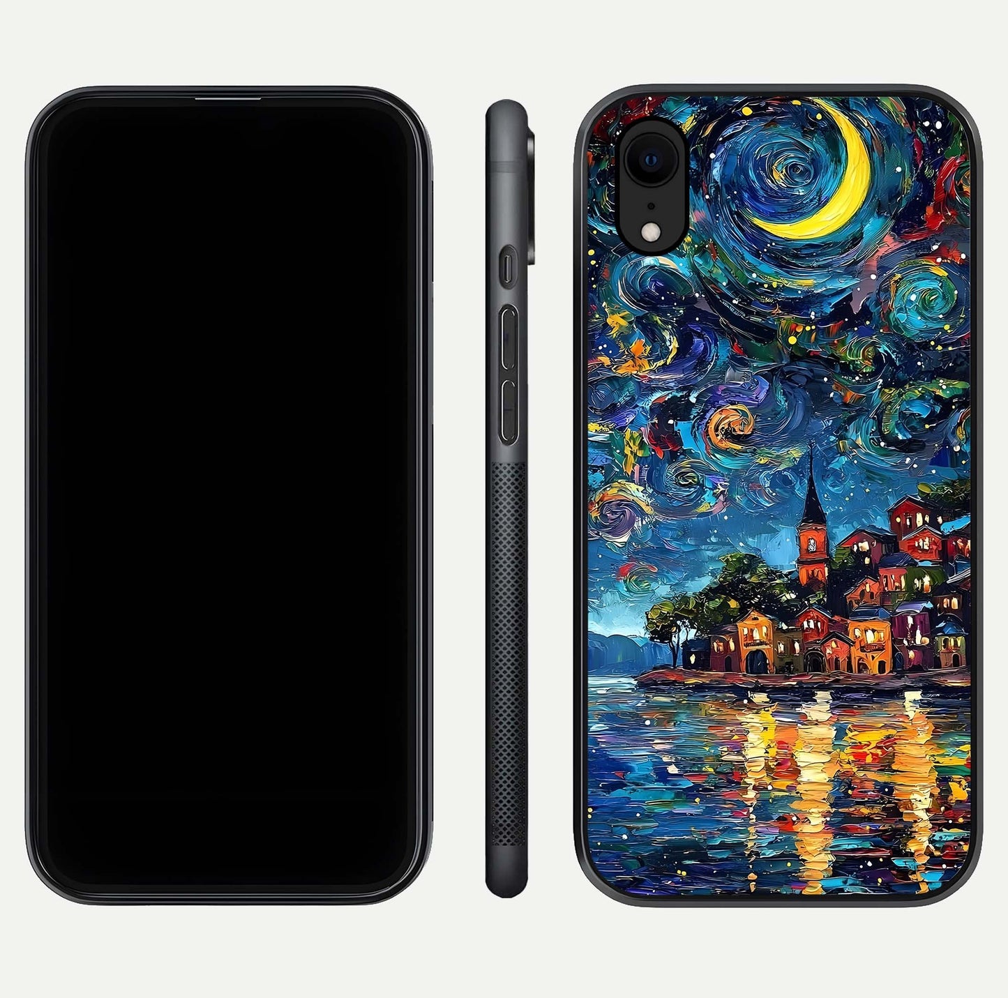 Moonlight Harbor Glow Glass Case for iPhone Xr front & back layout highlighting calm harbor tones