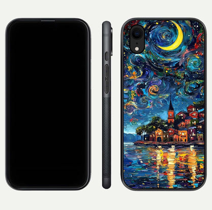 Moonlight Harbor Glow Glass Case for iPhone Xr front & back layout highlighting calm harbor tones