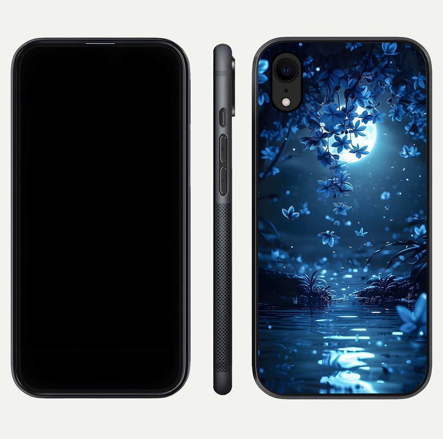Moonlight Petal Dream Glass Case for iPhone Xr front & back layout highlighting soft pastel tones