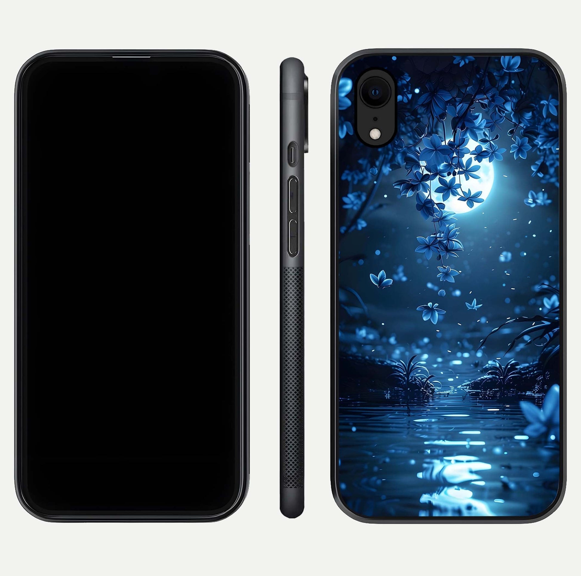 Moonlight Petal Dream Glass Case for iPhone Xr front & back layout highlighting soft pastel tones