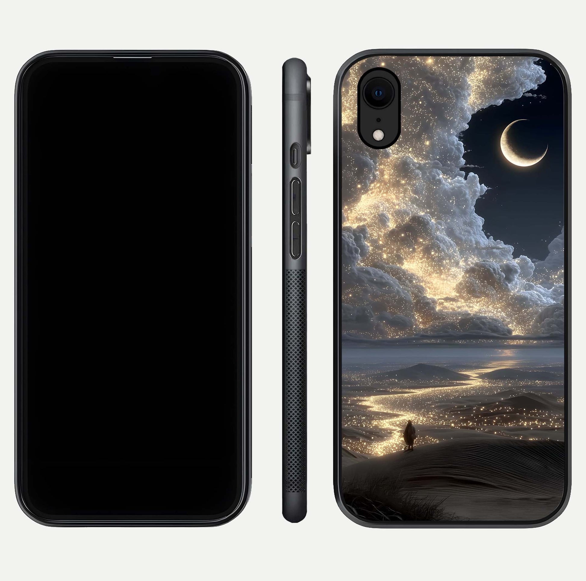Moonlight Spark Path Glass Case for iPhone Xr front & back layout highlighting calm tones and sleek edges