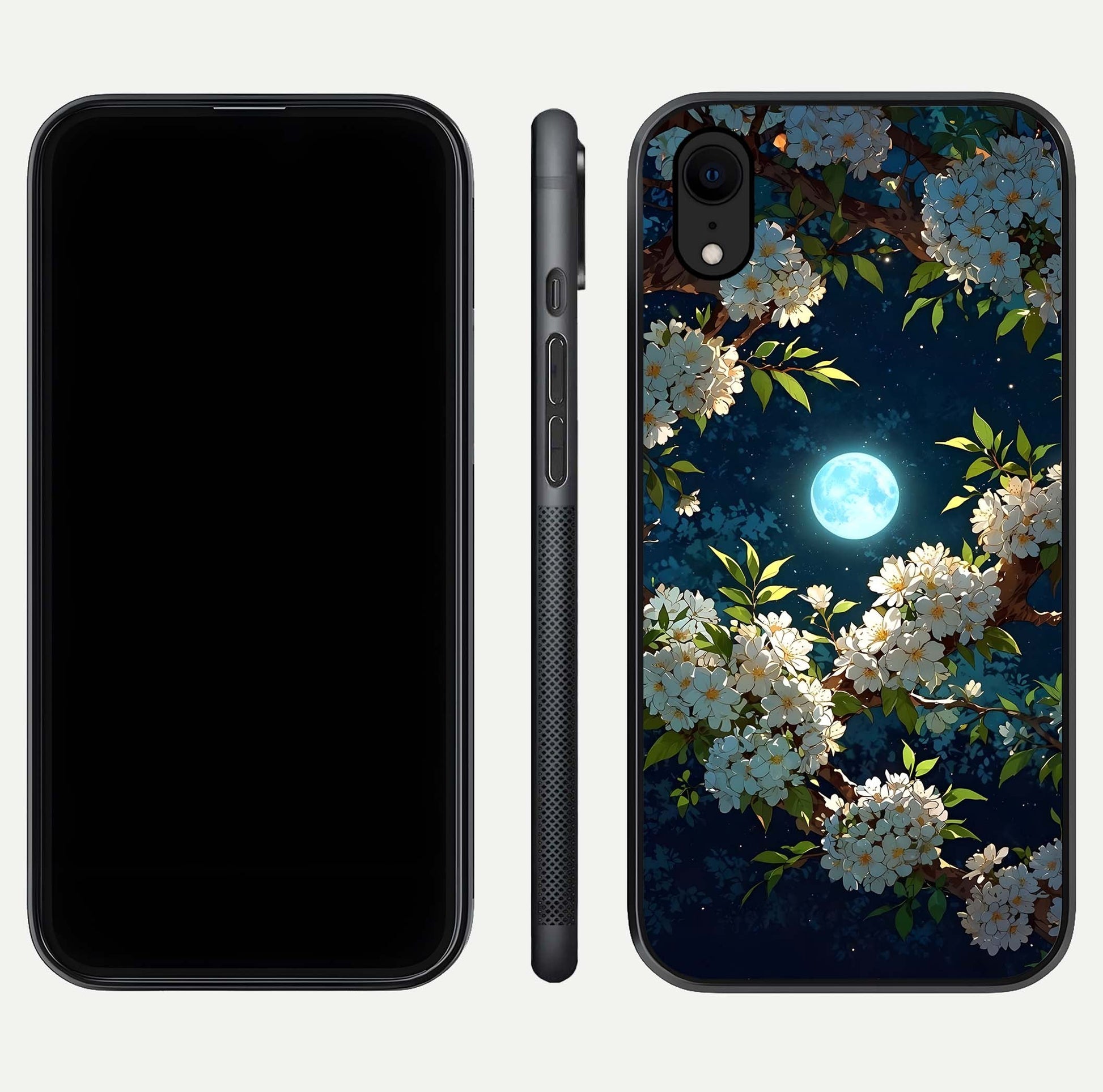 Moonlit Blossom Dream Glass Case for iPhone Xr front & back layout highlighting moonlit tones and edges