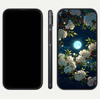 Moonlit Blossom Dream Glass Case for iPhone Xr front & back layout highlighting moonlit tones and edges