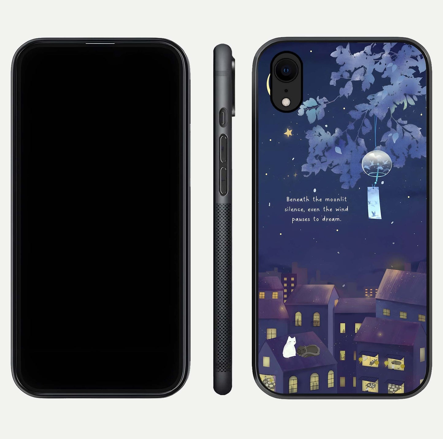 Moonlit Cat Silence Glass Case for iPhone Xr front & back layout highlighting calm tones and edge detail