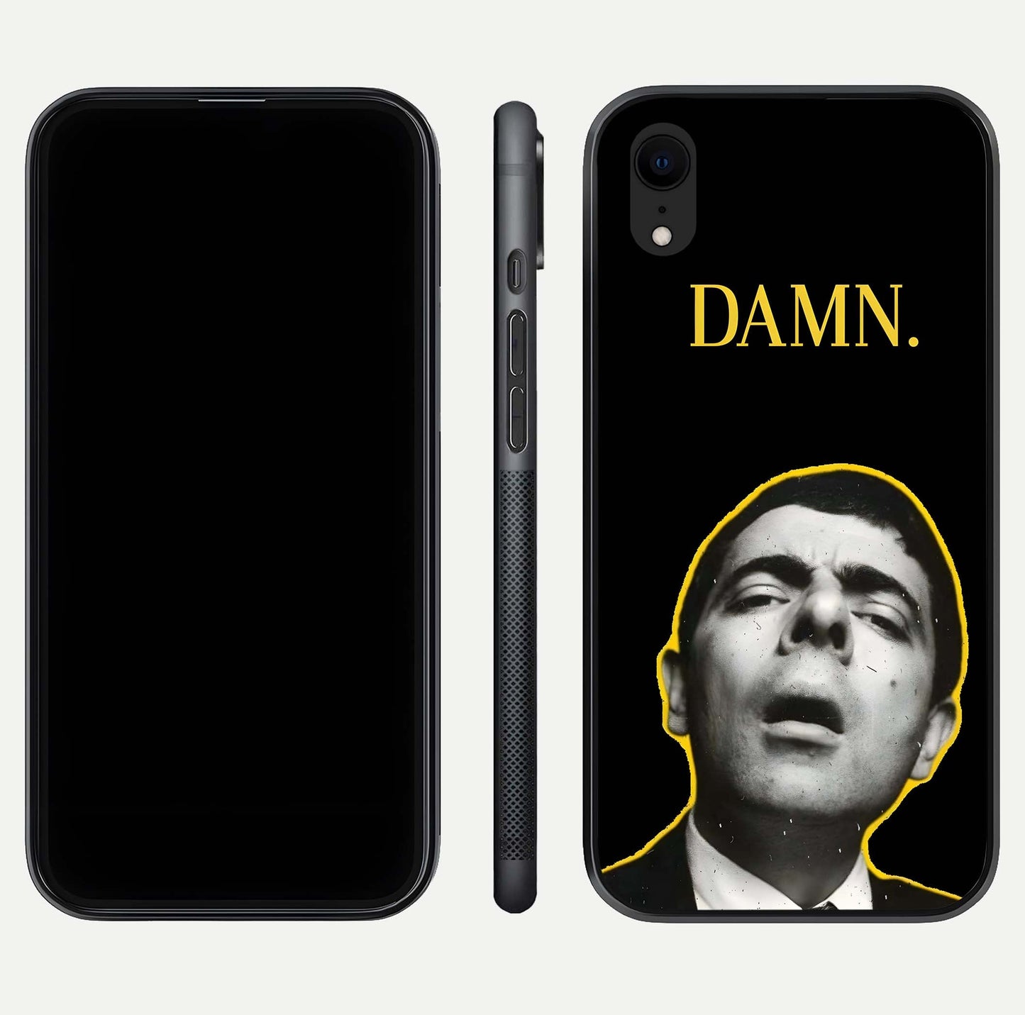 Mr Bean Damn Glass Case for iPhone Xr front & back layout displaying fun artwork and curved smooth edges