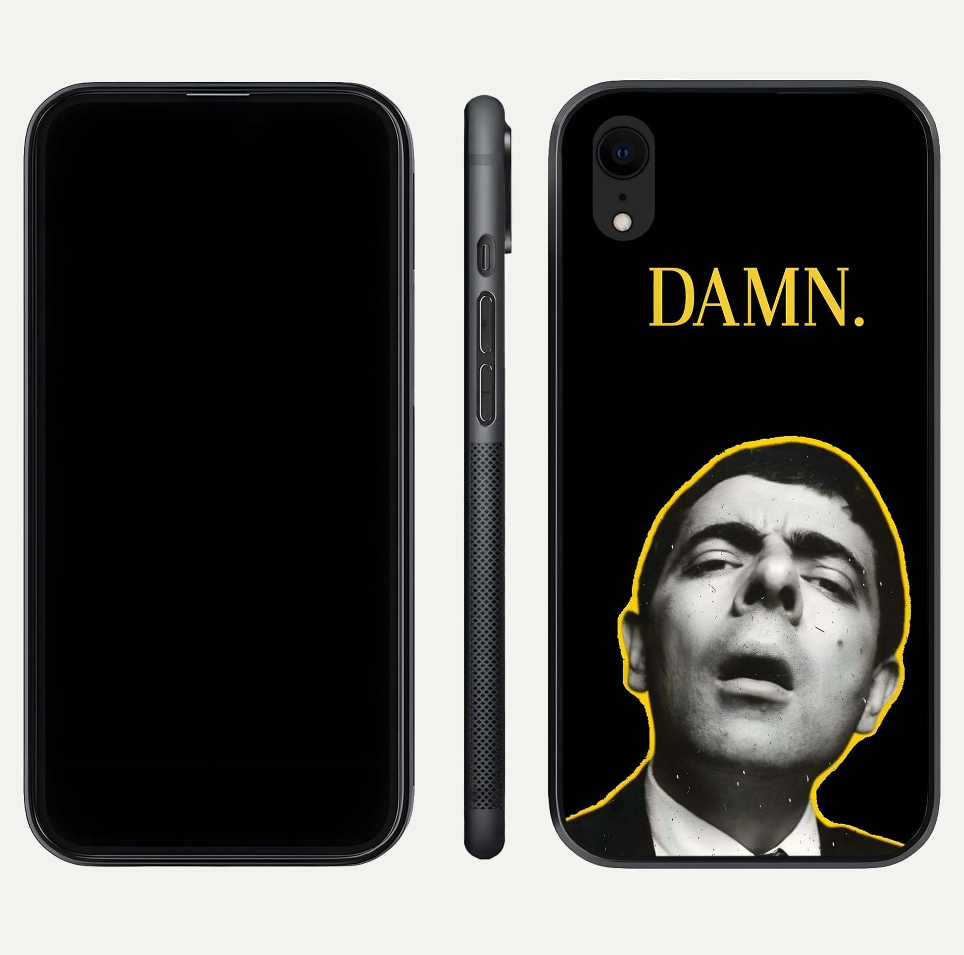 Mr Bean Damn Glass Case for iPhone Xr front & back layout displaying fun artwork and curved smooth edges