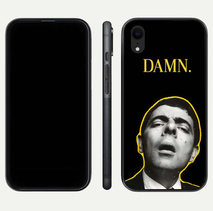 Mr Bean Damn Glass Case for iPhone Xr front & back layout displaying fun artwork and curved smooth edges