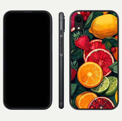 Multiple Fruits Glass Case for iPhone Xr front & back layout highlighting vibrant tones and curved edges