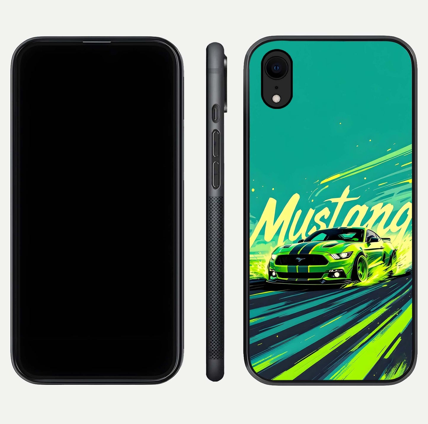 Mustang Bang Glass Case for iPhone Xr front & back layout highlighting dark automotive tones and edge detail
