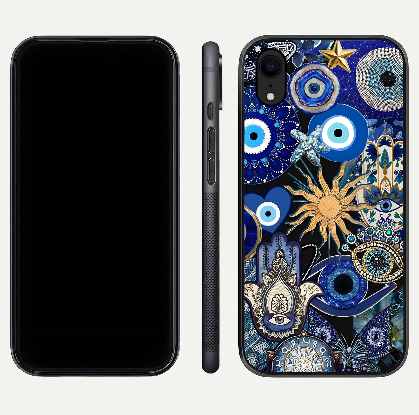 Mystic Blue Evil Eye Glass Case for iPhone Xr front & back layout showing elegant tones and edge finish