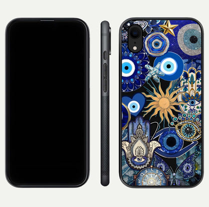 Mystic Blue Evil Eye Glass Case for iPhone Xr front & back layout showing elegant tones and edge finish