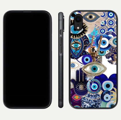 Mystic Charm Eye Glass Case for iPhone Xr front & back layout highlighting spiritual design and edges