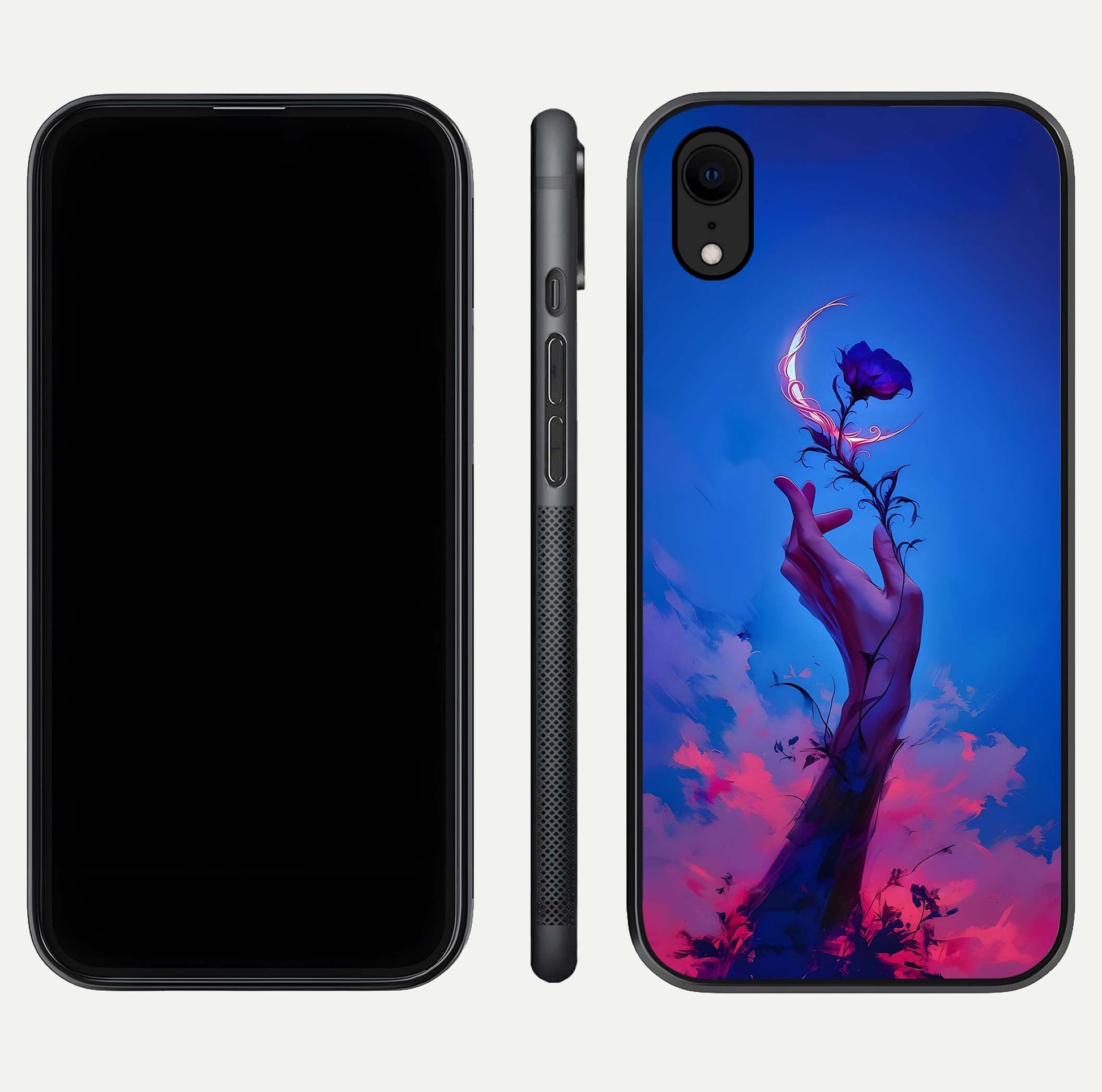 Mystic Hand Glass Case for iPhone Xr front & back layout highlighting mystic design and smooth edges