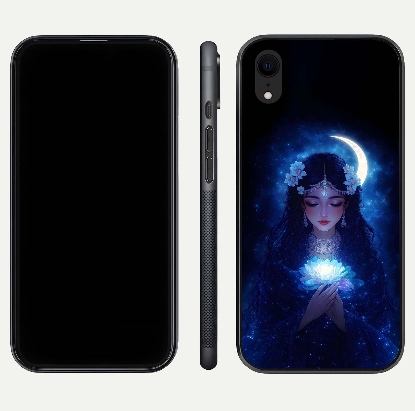 Mystic Moon Queen Glass Case for iPhone Xr front & back layout highlighting divine illustration and edges
