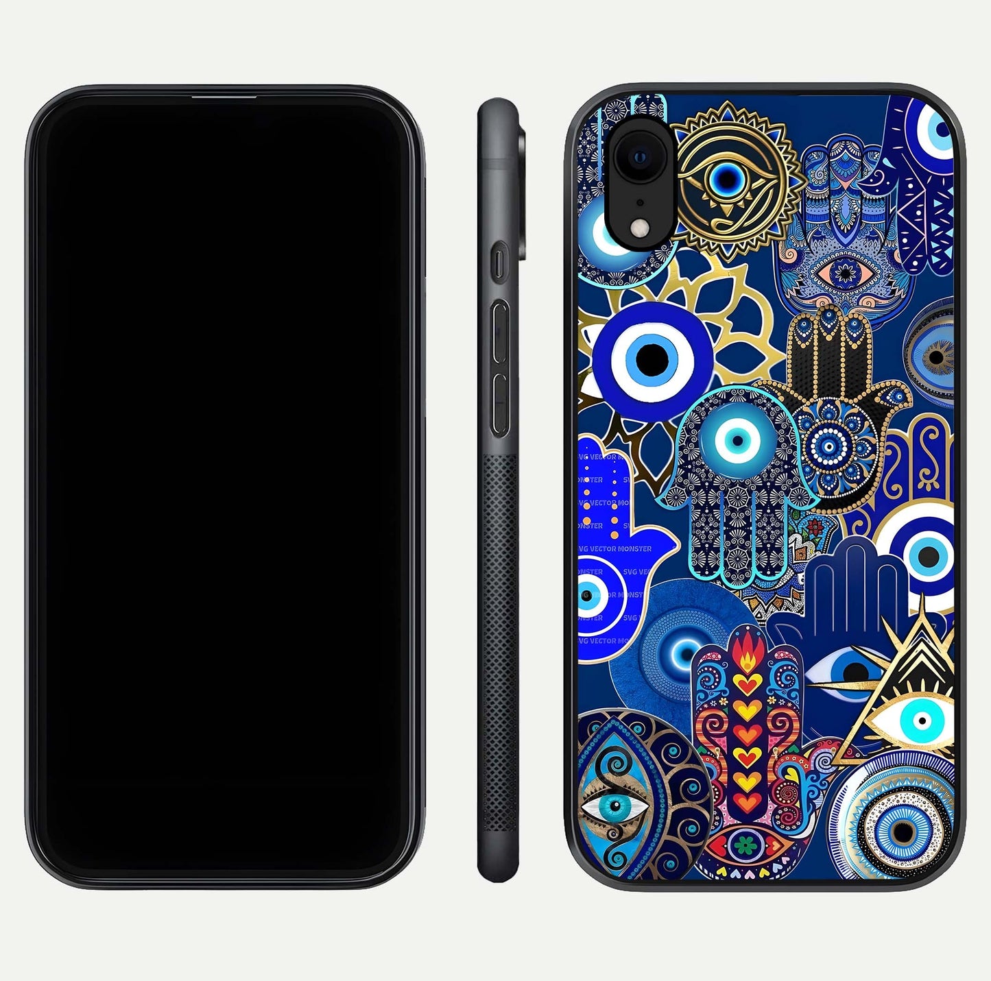 Mystic Palm Guard Glass Case for iPhone Xr front & back layout highlighting spiritual art and edge finish