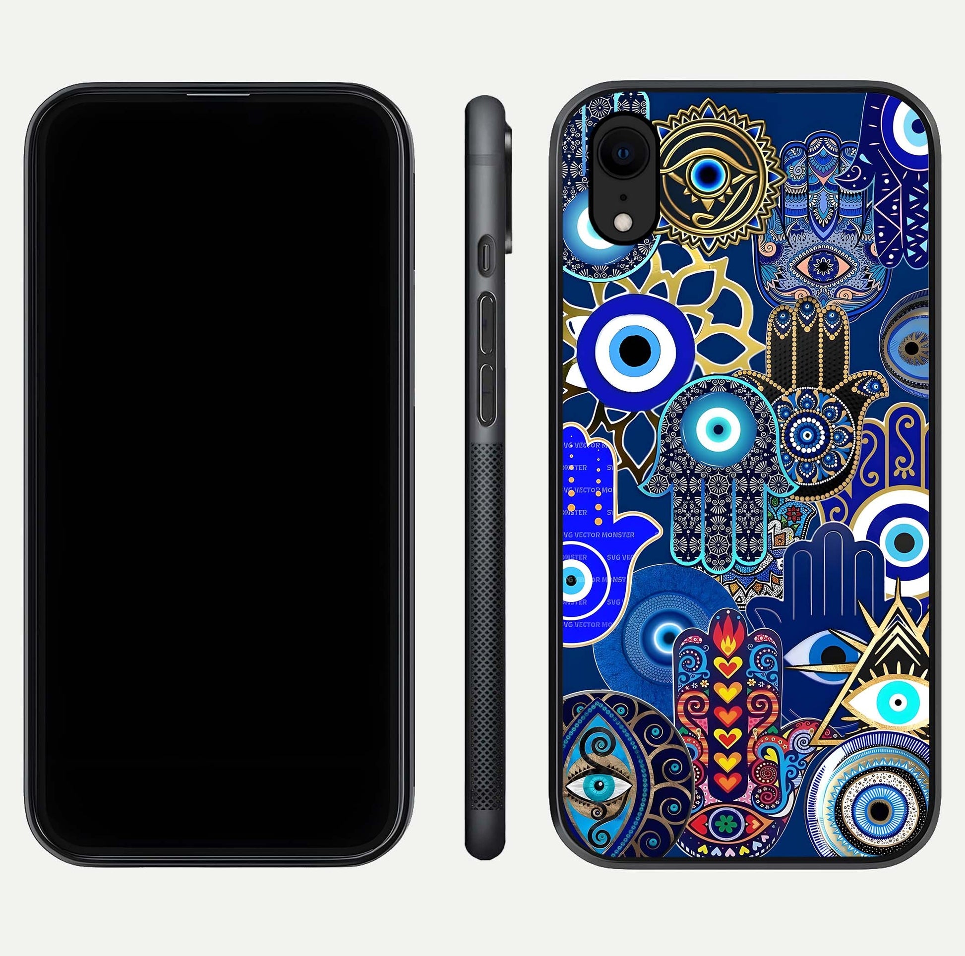 Mystic Palm Guard Glass Case for iPhone Xr front & back layout highlighting spiritual art and edge finish