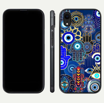 Mystic Palm Guard Glass Case for iPhone Xr front & back layout highlighting spiritual art and edge finish