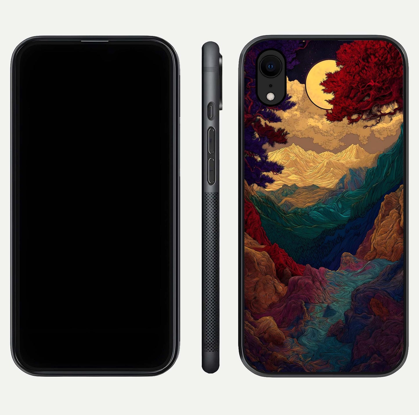 Mystic Valley Light Glass Case for iPhone Xr front & back layout displaying landscape tones and edges