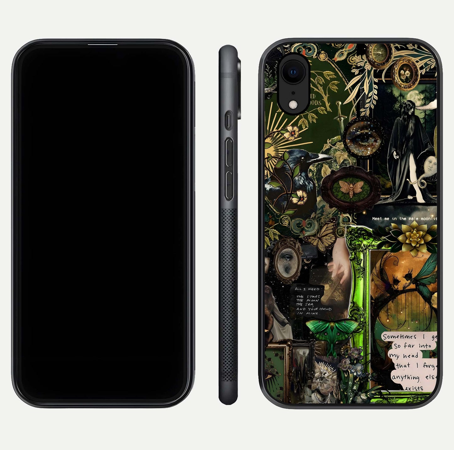 Mystic Woods Secret Glass Case for iPhone Xr front & back layout showing nature theme and smooth edges